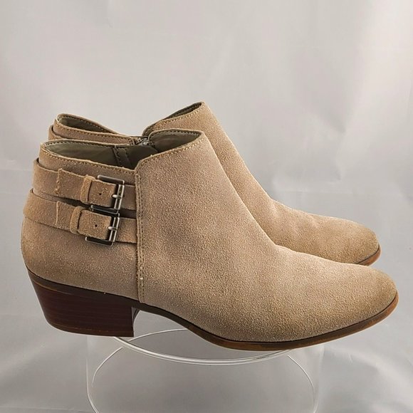 Sam Edelman Petal Ankle Booties Women's Size 8 Taupe Suede Block Heel Buckle - Picture 1 of 12